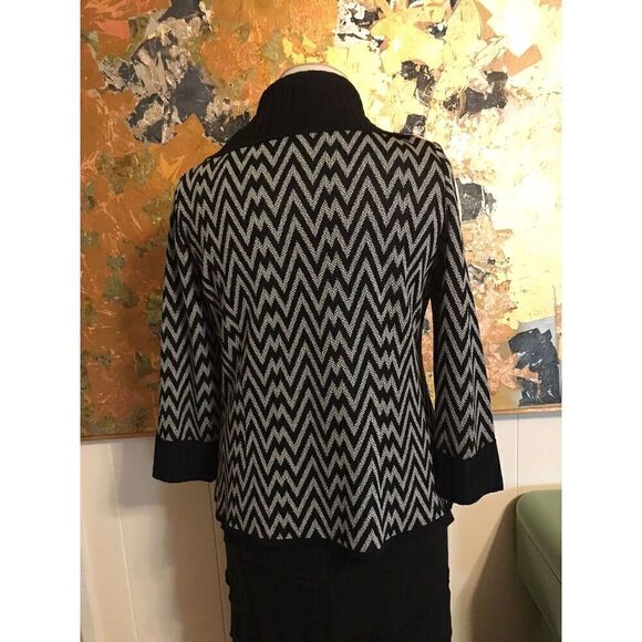 Exclusively Misook Womens PL Herringbone Print Shawl Collar Cardigan Black White - Picture 3 of 5